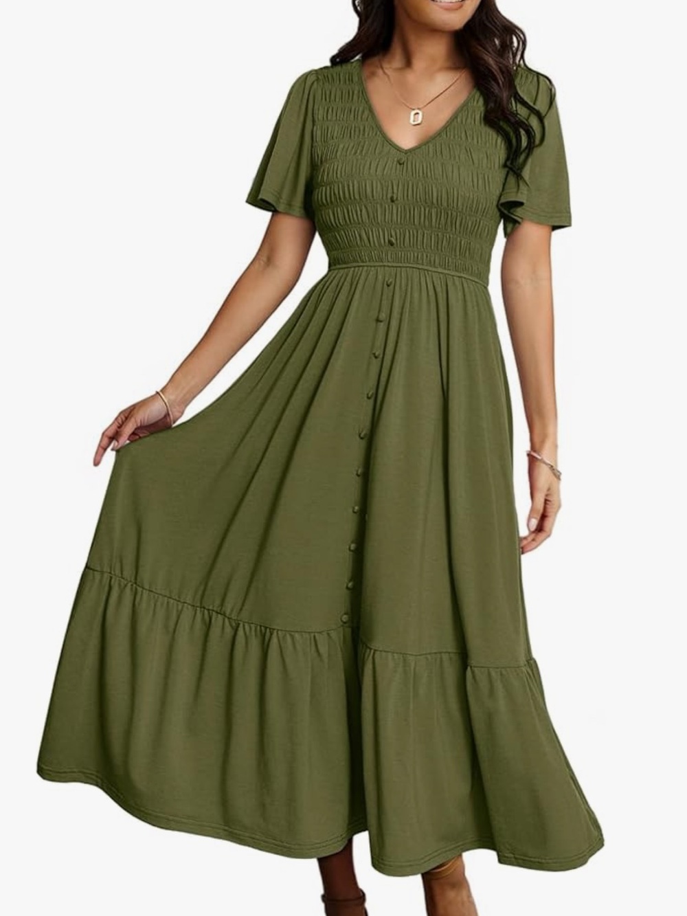 Women's Large Smocked Waist Olive Green Midi Dress With Pockets